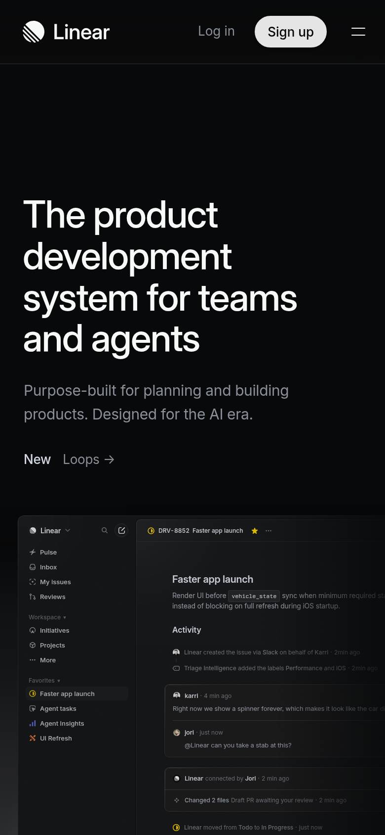 linear.app on a 390px phone